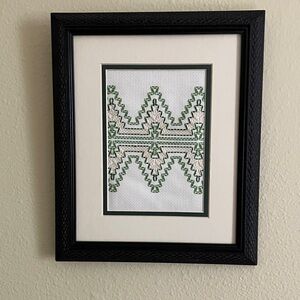 Hand Crafted Green and White Geometric Fiber Art